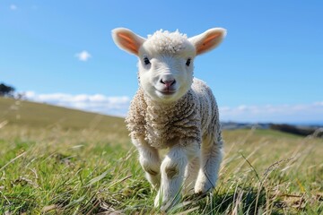 Fototapeta premium Baby Lamb: A fluffy white lamb, frolicking in a green pasture under a bright blue sky. 