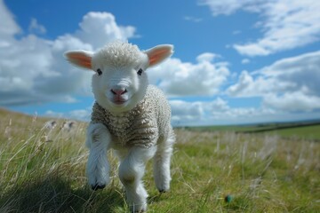 Fototapeta premium Baby Lamb: A fluffy white lamb, frolicking in a green pasture under a bright blue sky. 