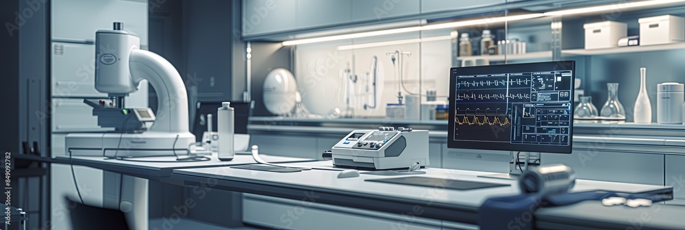Aufkleber A clean and professional medical laboratory with a high-tech scanner analyzing patient data on a large screen. Advanced medical equipment and AI technology are present. Generative AI