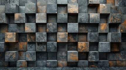 An image featuring a textured wall of orange and black geometric cubes with a rusty look