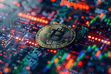 different cryptocurrency coins against a tech binary abstract background, combining digital currency symbols with streams of binary code, showcasing the intersection of technology and finance