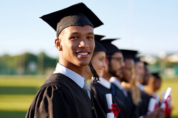 Happy black man, smile and graduation class with group at ceremony for education, qualification or...