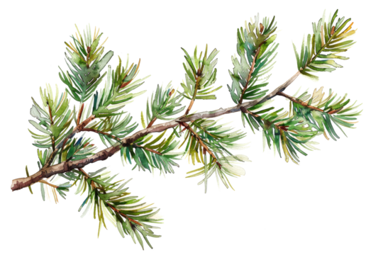watercolor drawing of a evergreen fir tree branch isolated on white or transparent png
