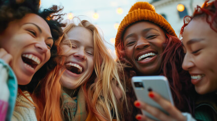 Naklejka premium Diverse group of friends laughing together outdoors