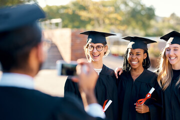 Fototapeta premium People, picture and graduation outside with students, friends and smartphone for memory photo with graduate pride. Happy, smile and together with diploma achievement, university and capture in gown