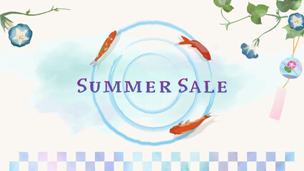 涼しい夏イメージ、風鈴、金魚、朝顔の背景イラストフレーム、16:9、ベクターバナーテンプレート、水色の水彩テクスチャー