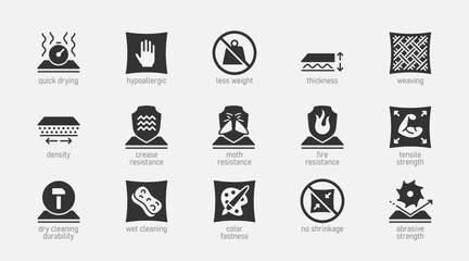 Fabric Properties and Characteristics Vector Icon Set In Glyph Style.