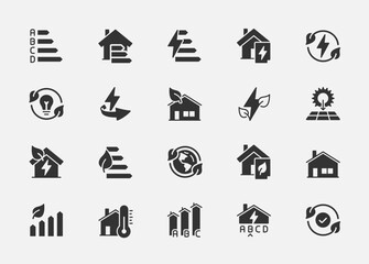 Energy Saving and Performance Vector Icon Set In Glyph Style. Green Energy, Thermal Insulation, Renewable Energy and Other Icons