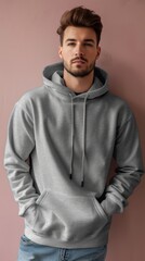 Obraz premium young caucasian man with grey blank hoodie, sweatshirt on pink background, copy space, template, mockup