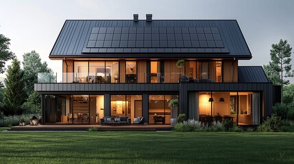 Eco Friendly Log Cabin: Solar Panels Transforming Tradition Visualize a Scandinavian style house