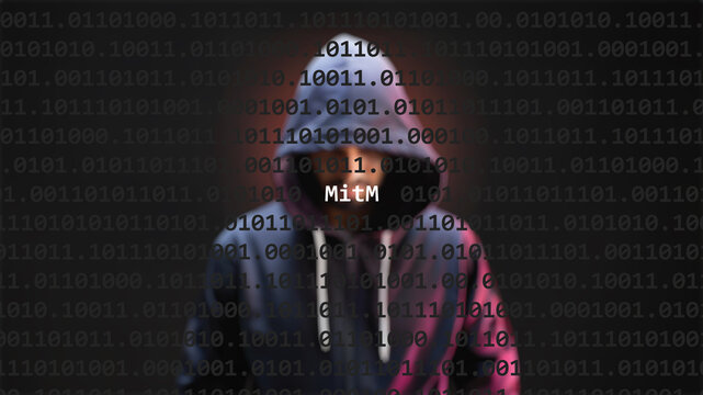 Cyber attack mitm text in foreground screen, anonymous hacker hidden with hoodie in the blurred background. Vulnerability text in binary system code on editor program.