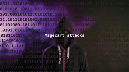 Cyber attack magecart attacks text in foreground screen, anonymous hacker hidden with hoodie in the blurred background. Vulnerability text in binary system code on editor program.