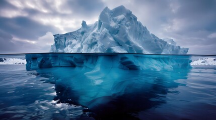 An iceberg floating in the ocean, with most below water visible and only one small part above the surface showing.