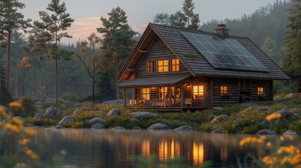 Sustainable Living  Solar Panels Enhance Rustic Log Cabin