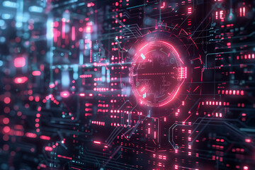 Fototapeta premium different cryptocurrency coins against a tech binary abstract background, combining digital currency symbols with streams of binary code, showcasing the intersection of technology and finance