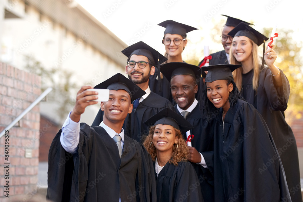 Sticker People, selfie and graduation or smile outside, memory and picture for graduate pride or diploma. Happy, students and university achievement or excited social media post, scholarship and celebration