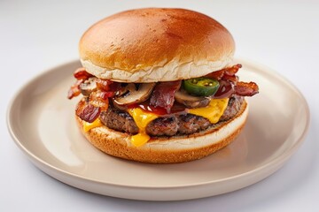 Delicious BBQ Bacon Burger with Sauteed Mushrooms and Crispy Bacon