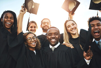 Group, people and diversity at university graduation, happiness for degree or diploma certificate....