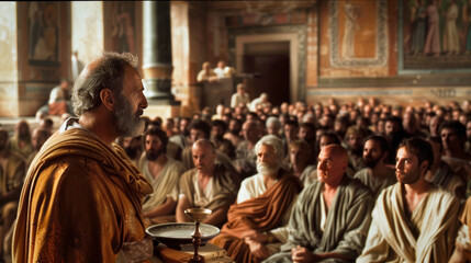 Ancient philosophers speaking to audience in a historical setting