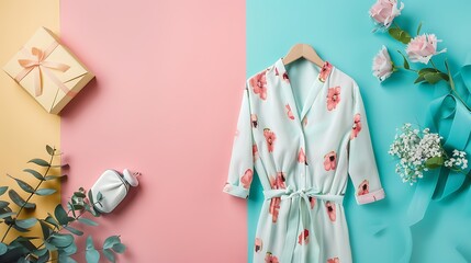 Flat lay composition with beautiful pajamas on color background