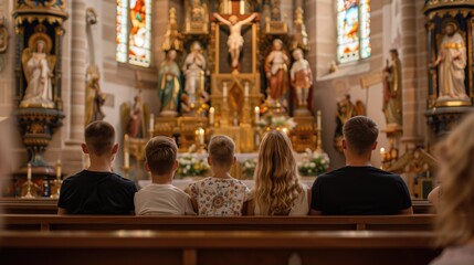 A family sits in a church pew facing the altar with statues and stained glass windows. Focus on faith and togetherness. © Anna