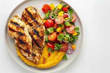 Grilled Chicken with Tangy Salsa Salad and Pumpkin-Chipotle Polenta