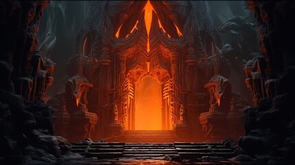 Obraz premium Mystical dungeon with a gate in the rock and burning torches. Night scene of a monochrome game