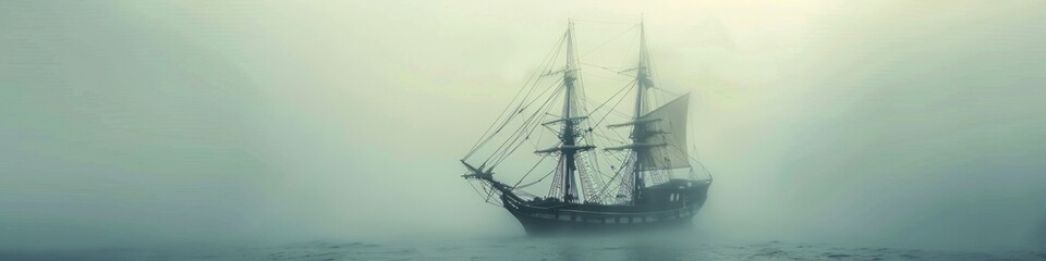 Naklejka premium Old sailing ship navigating through dense fog. Historic frigate, maritime adventure, mysterious atmosphere, nautical journey, timeless.