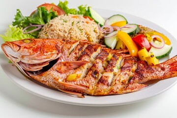 BBQ Snapper Fillet with an Appetizing and Attractive Appearance served with Salad, Grilled Vegetables, and Salsa