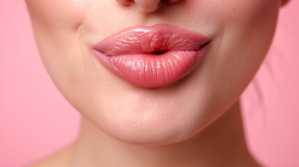 A beautiful woman's lips, showcasing their slender shape and smooth texture. Zooms in to highlight the natural moisture and intricate details of her lips. Her lips have a healthy