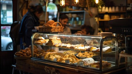 The display case in the foreground is filled with freshly baked bread, pastries, and other delicious treats.