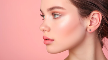 Naklejka premium A beautiful woman's left ear, showcasing her smooth, delicate skin. The photo zooms in to highlight the elegant shape and fine details of her ear, including the perfectly formed earlobe.
