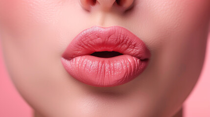 Naklejka premium A beautiful woman's lips, showcasing their slender shape and smooth texture. Zooms in to highlight the natural moisture and intricate details of her lips. Her lips have a healthy