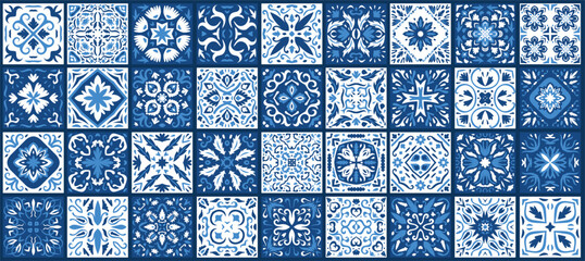  Portuguese and Spain azulejo. Ceramic tile in talavera style. Vector tile pattern, Lisbon floral mosaic, Mediterranean seamless navy blue ornament