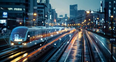 Obraz premium Urban night scene with tram, colorful light trails, wet city streets reflecting city lights and modern architecture
