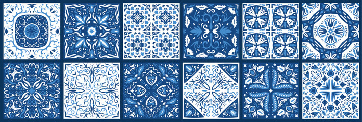  Portuguese and Spain azulejo. Ceramic tile in talavera style. Vector tile pattern, Lisbon floral mosaic, Mediterranean seamless navy blue ornament