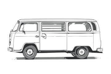 hippie van, vintage surf bus. Simple vector black and white drawing with thick lines, on empty white background and no shadows