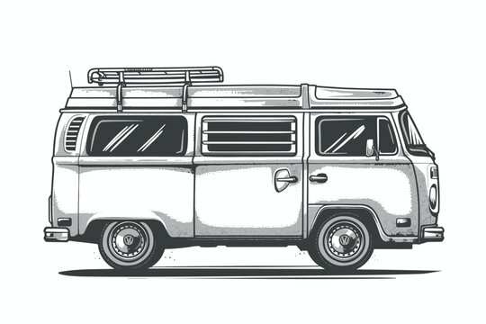 hippie van, vintage surf bus. Simple vector black and white drawing with thick lines, on empty white background and no shadows