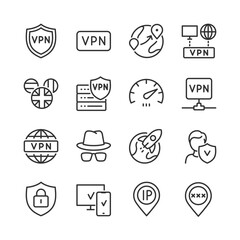 VPN Service, icon set. Virtual private network. Secure and Privacy, Location Switch and IP Masking, Stay Undetectable. Bypass blocking. Line with editable stroke