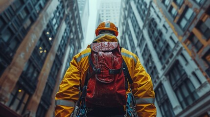 Engineer wearing a safety harness, inspecting work on a high-rise construction project.