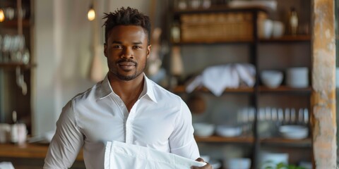 Fototapeta premium Man with short, textured hair wearing a white shirt, standing in a well-decorated indoor setting and holding a blank white sign.