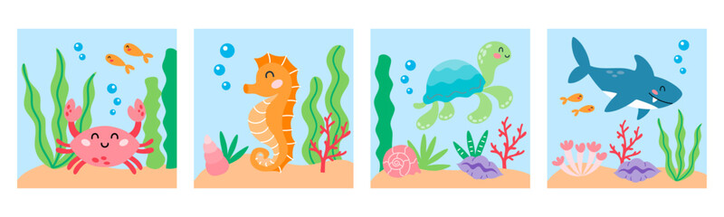 Set of cute cartoon sea animal square illustration. Crab, seahorse, turtle and shark characters. Undersea, marine life kid print, posters. 