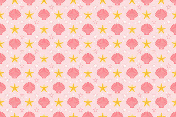 ヒトデと星とピンクの貝殻のシームレスパターン、ピンクの背景