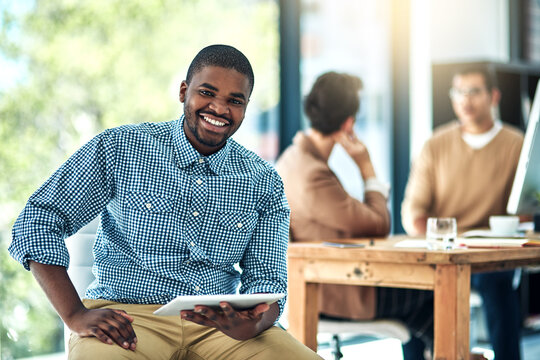 Tablet, happy and portrait of black man in office with leadership, confidence and pride for career. Smile, manager and African male graphic designer with digital technology for research in workplace.
