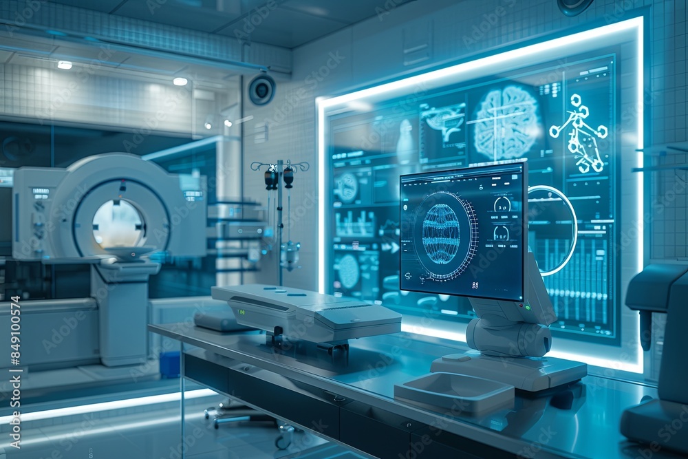 Leinwandbilder A sterile and modern medical laboratory featuring a high-tech scanner displaying patient data on a large screen, showcasing the use of AI in advanced medical diagnostics. Generative AI