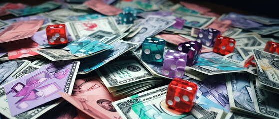 A pile of money and dice on a table