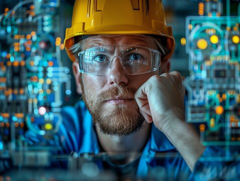 Young electrician in a hard hat looks up in contemplation.