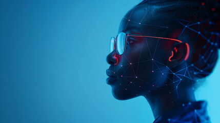 A futuristic visual portraying a black African American woman IT specialist using AR and AI to protect against cyber threats, with a side profile and blue copy space.