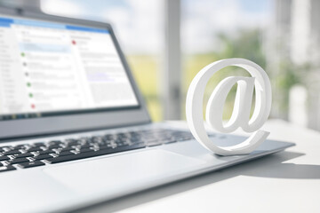 Email symbol on business laptop computer concept for contact us, e-mail address and customer...