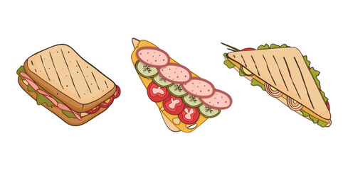 Types of sandwiches. Whole, half, open. Hand drawn vector sketch illustration. Doodle vector illustration.
